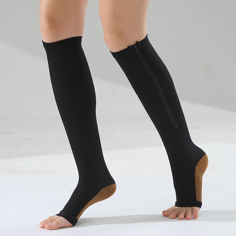 Chaussettes de Compression pour hommes et femmes, chaussettes de soutien du genou, fermeture éclair, bout ouvert, fines, Anti-Fatigue, chaussettes hautes, extensibles, unisexes,: Black / M