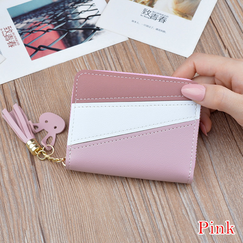 Women Wallets with Zipper Pink Phone Pocket Purse Card Holder Patchwork Women Long Wallet Lady Tassel Short Coin Purse: B Pink