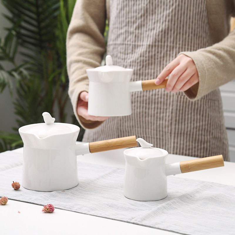 Hvid keramisk tekande japansk tekande til te og kaffe hvide porcelæn-tekander med træhåndtag mælkepotte med låg