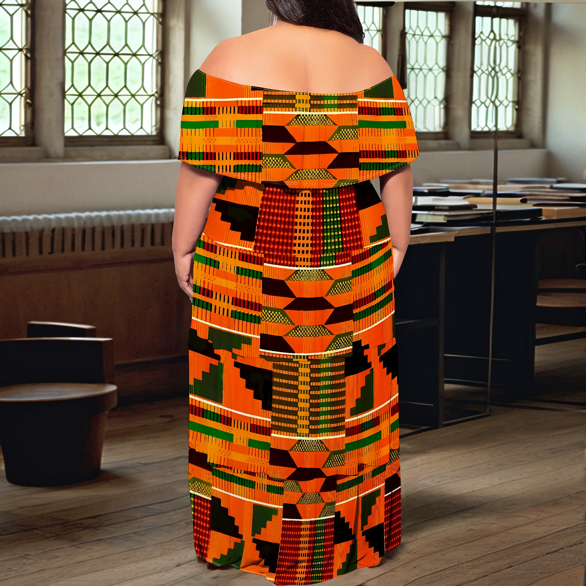 Afrikansk print off-shoulder maxikjole - boho tribal festtøj til kvinder