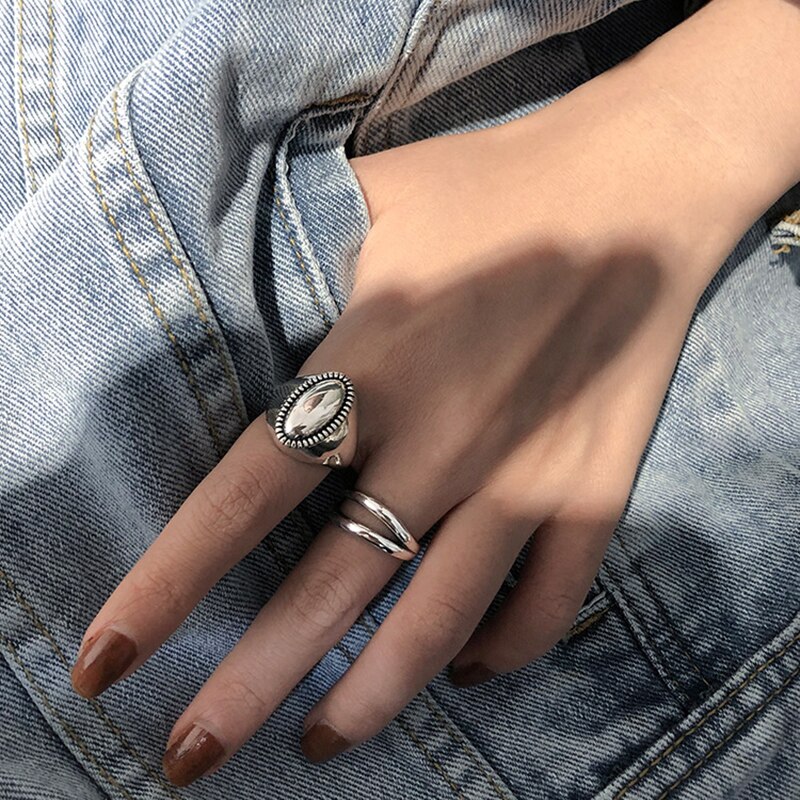 ANENJERY Most Popular Oval Shaped Thai Silver Color Ring For Women Men Double Layer Ring Punk Style Party Jewelry S-R793