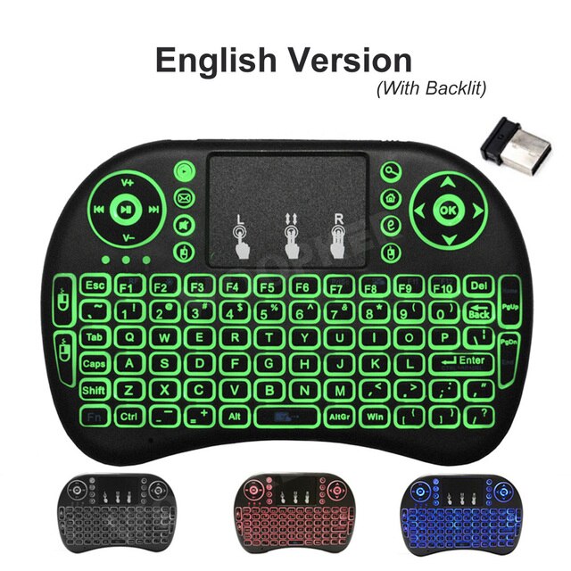 Mini Teclado retroiluminado i8 Air Mouse, Touchpad 2,4G alimentado por batería AAA para Android TV BOX PC, mando a distancia inalámbrico: English Backlit