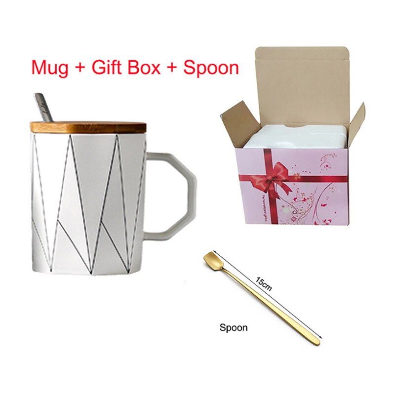 Taza geométrica mate creativa con tapa de bambú, cuchara de metal, tazas de cerámica de línea, para microondas Vaso de Leche, artículos para beber para el hogar y la Oficina, 400ml: 07