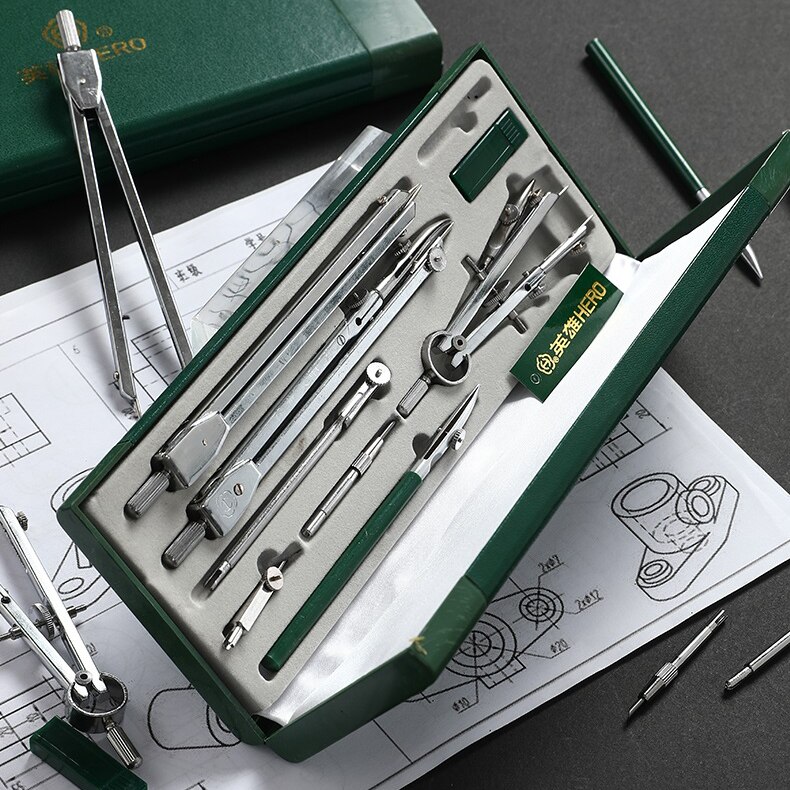 9 stk / sæt ægte  h4009 mekanisk tegneværktøj tegneinstrument kompasser ni dragt matematik sæt kontor papirvarer