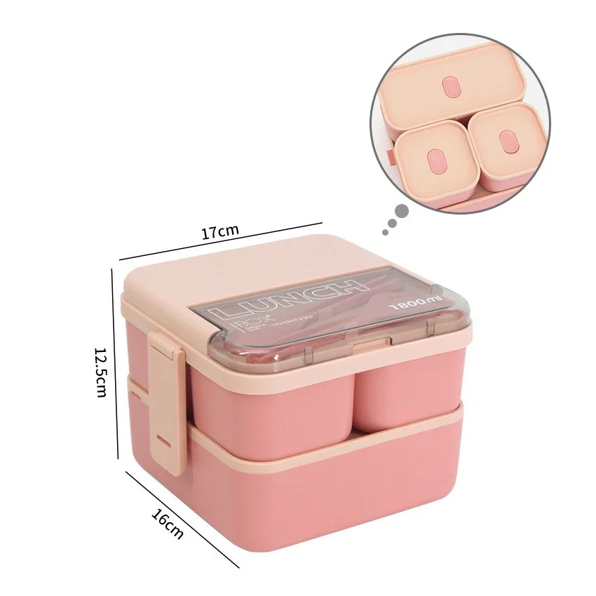 1100ML/1800ML 2 layer Compartment Lunch Box For Kids With Fork and Spoon Microwave Bento Boxes Portable Food Storage Container: Red