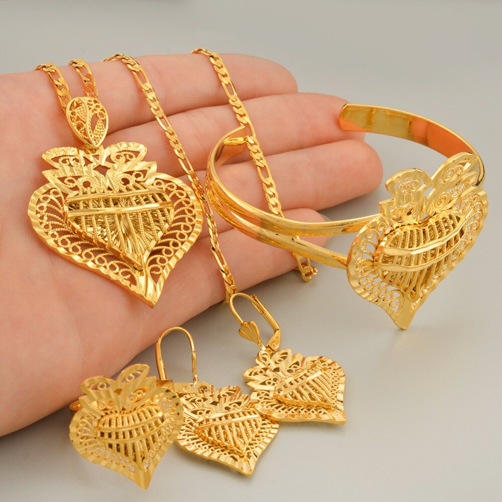 Anniyo hjerte dubai smykkesæt etiopiske halskæder øreringe ring armbånd afrikansk guldfarve arabisk bryllup brud medgift  #020506