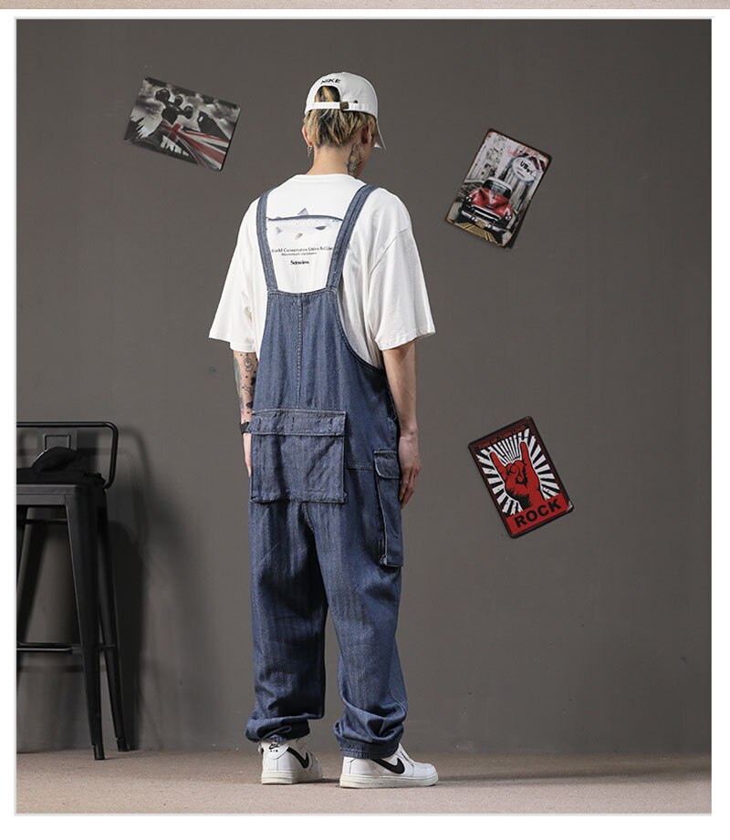 Spring Retro Overalls Men Bib Jumpsuits Trend Big Pocket Cotton Straight Loose Street Blue Hip Hop Wide Leg Pants Trousers