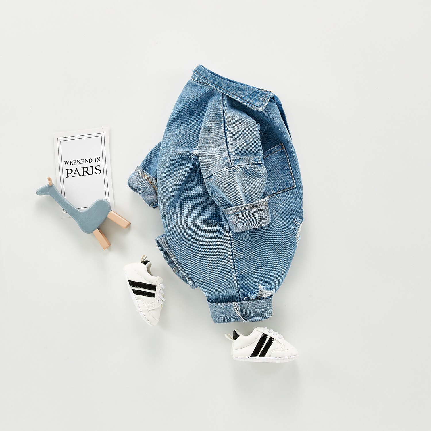 5223 baby herfst denim jumpsuit lange mouwen jongens en meisjes overall gebroken gat een stuk kleding kinderen bovenkleding