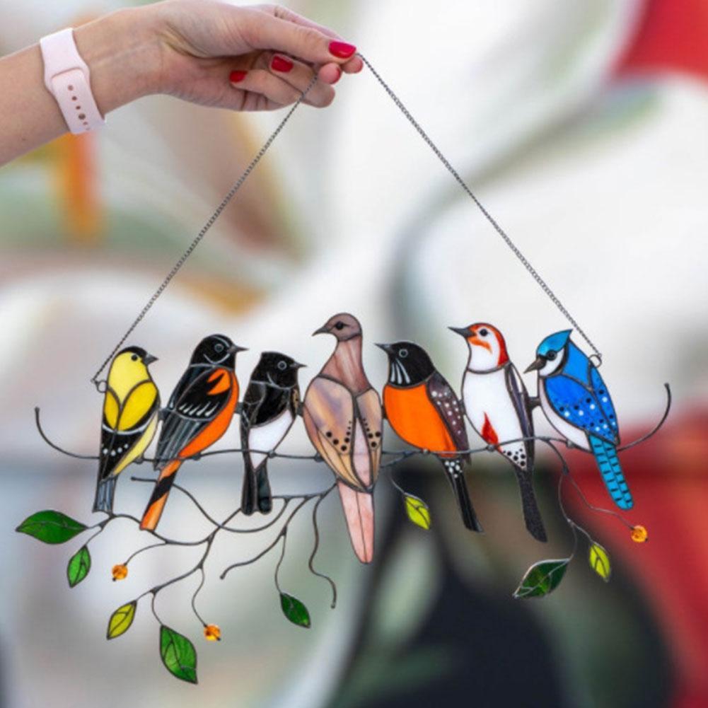 Panneau de fenêtre en vitrail, oiseau sur fil, attrape-vitre suspendu, accessoires de décoration pour la maison, décoration de salle
