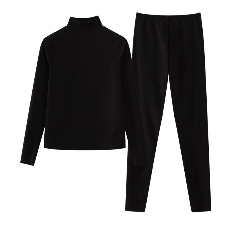 Ensemble 2 pièces pour femme, sous-vêtements thermiques, manches longues, haut et pantalon, doublure polaire, vêtements thermiques, hiver: A Black / XL