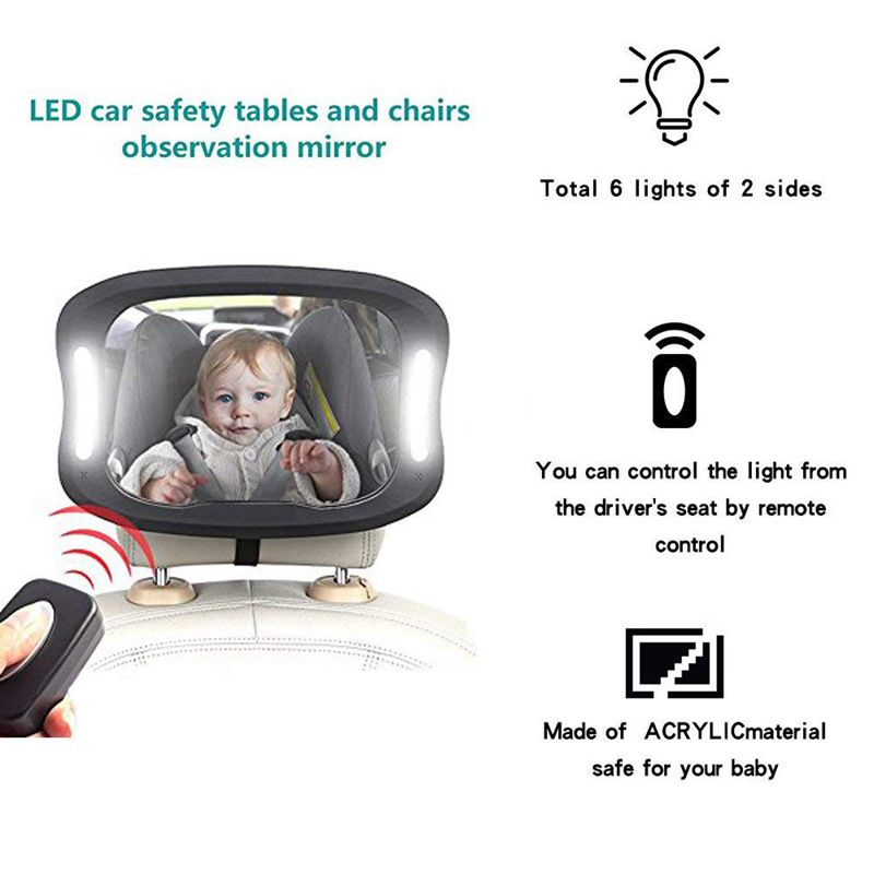 Espejo de coche para bebé con Control remoto, luz de noche Led suave, vista trasera para bebé en asiento trasero, Marco de seguridad a prueba de roturas, 360 Degr