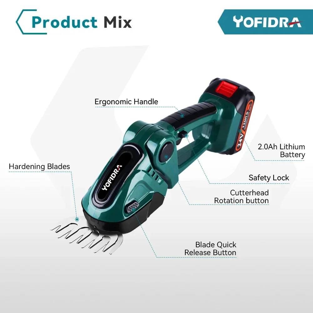Yofidra 24V 2 en 1 cortasetos eléctrico 20000rpm cortacésped doméstico tijeras de jardín tijeras de césped herramienta eléctrica