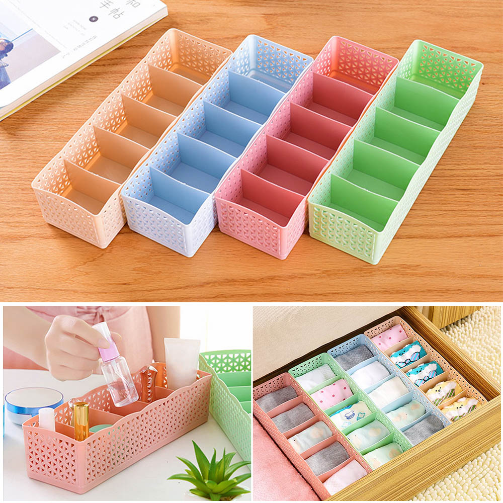 1Pc Multi-Function 5 Grid Sorting Box Underwear Storage Box Plastic Desktop Drawer Classification Stackable Storage Organizers