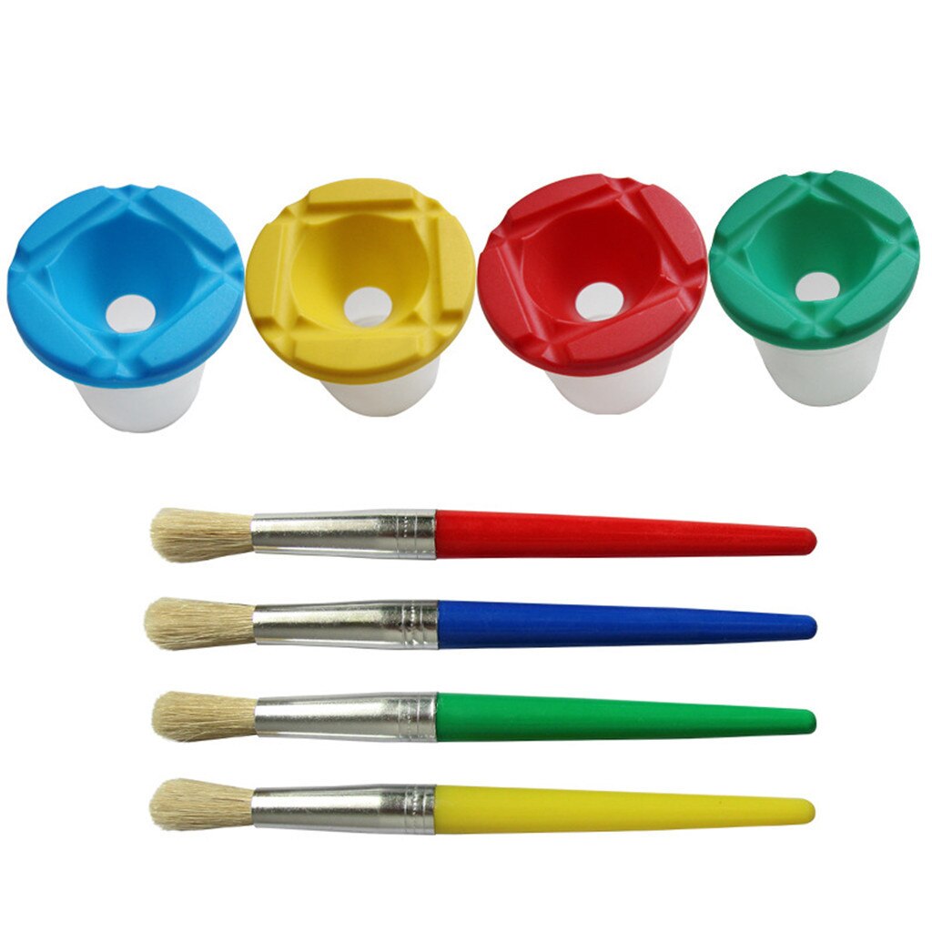 Juego de brochas de pintura para niños, set de 4 pinceles de cerdas para pintura acrílica Gouache, con taza de cubo de lavado, con agua y aceite, suministro de arte: Default Title