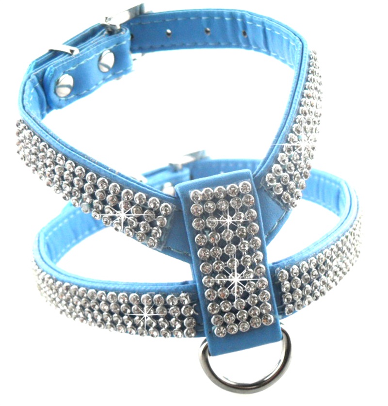 4 Maten Pu Lederen Strass Hond Harnas Veiligheid Comfortabele Aankleden Huisdier Harnas Kraag Voor Kleine Medium Grote Hond: Blauw / XS