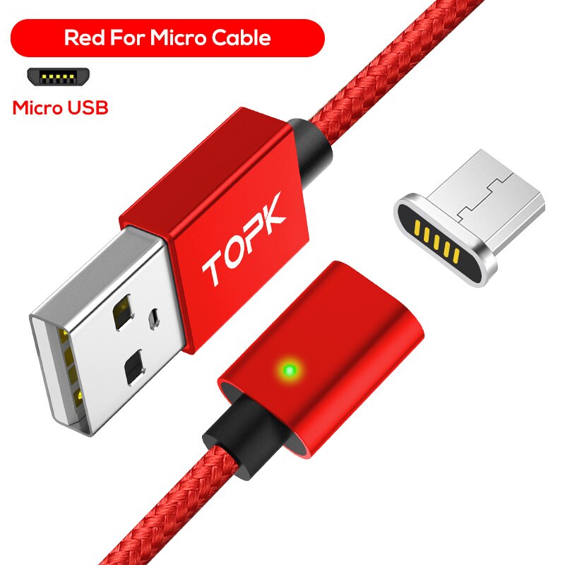 TOPK 1M 2M 2.4A Magnetische Mikro USB Kabel, aufgerüeingestellt Nylon Geflochtene LED-anzeige USB Ladekabel für Mikro USB Handys Für Samsung: rot / 1M