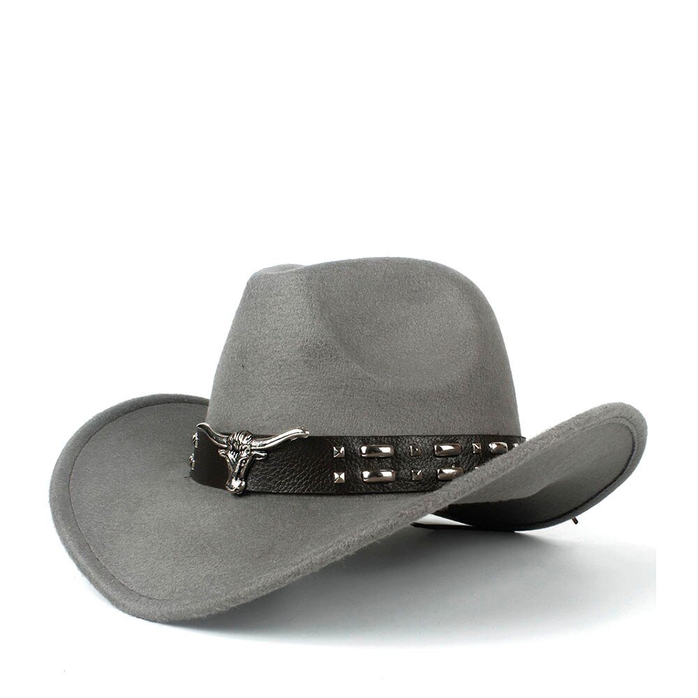 Kvinder mænd hule vestlige cowboy hat med tauren bælte vinter efterår jazz outback jazz toca sombrero cap størrelse 56-58cm: Grå
