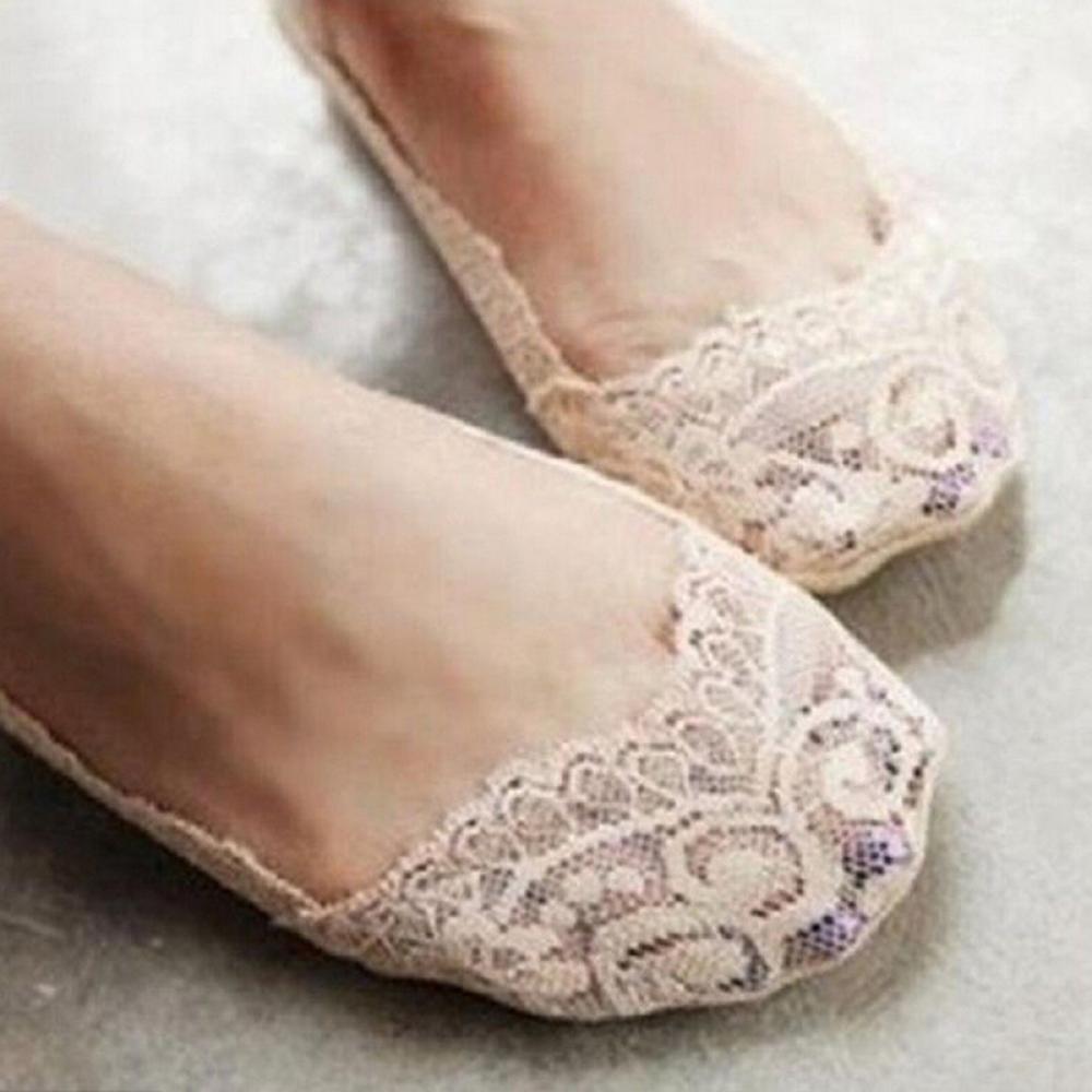 1 paire de chaussettes d'été en coton à fleurs et dentelle pour femmes, confortables, antidérapantes, invisibles, à la cheville, élastiques, courtes