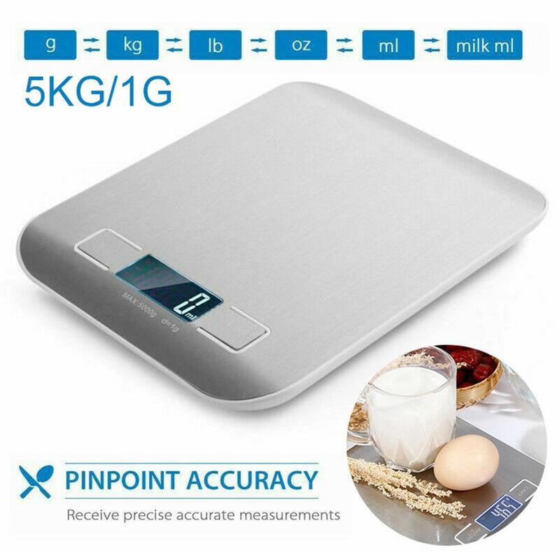 Silver Digital Scales 5kg 1g Weights Scale Stainless Steel Electronic Balance Measure Tools LED Display Kitchen Scale Libra