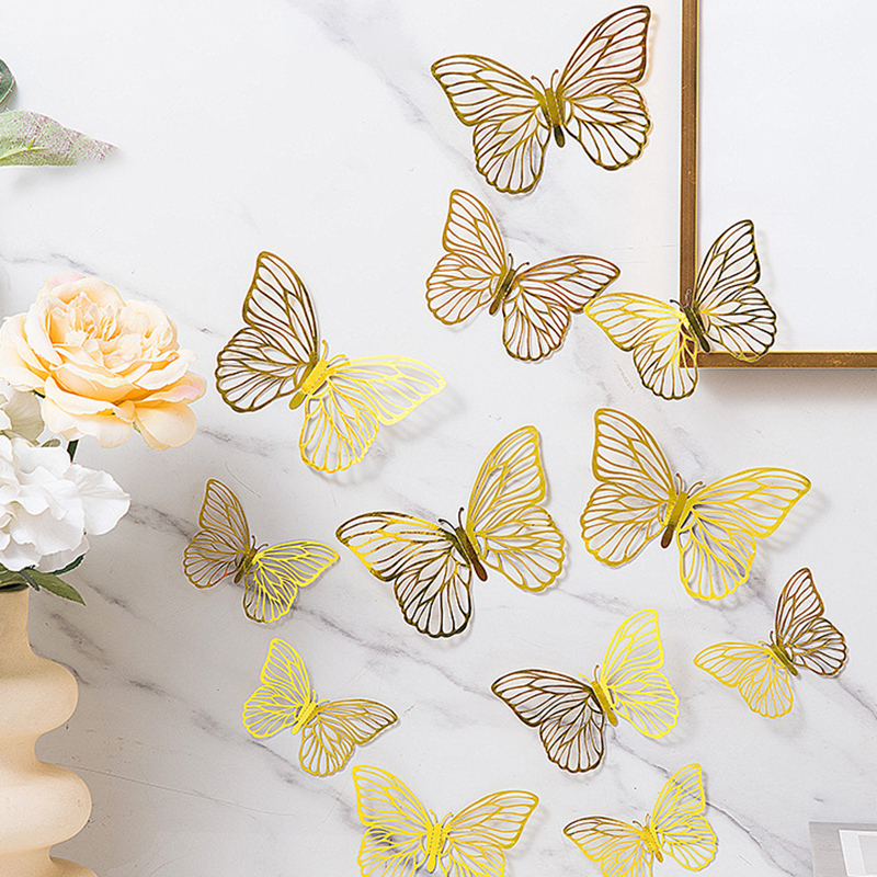48 piezas de decoración de pared de mariposa 3D, 4 estilos, 3 tamaños, decoraciones de mariposas doradas para decoraciones de habitación de pastel de de cumpleaños de mariposa