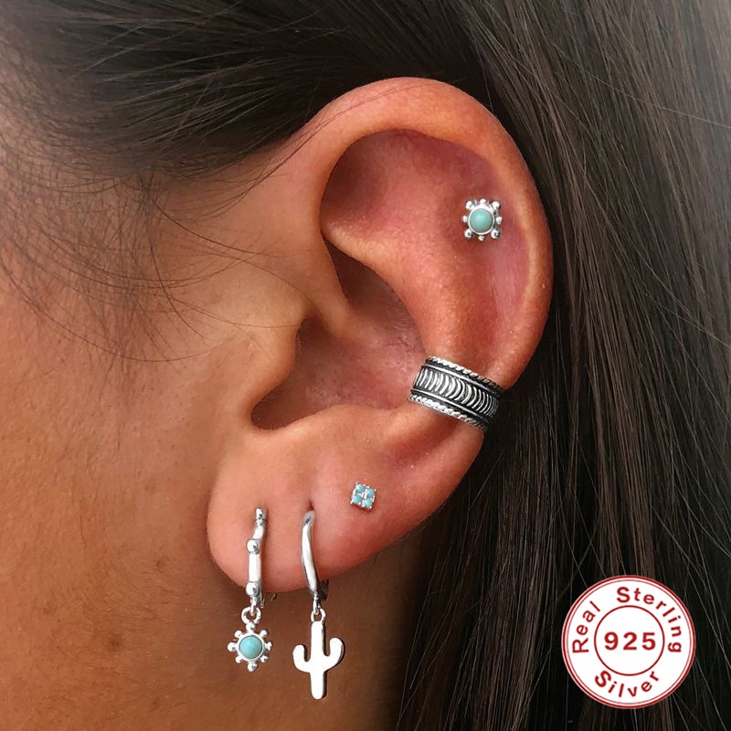 ROXI Bohemia Sunflower Turquoise Stone Small Round Beads Hoop Earrings for Women Wedding Jewelry Earrings 925 Sterling Silver