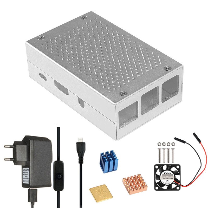 Boîtier en aluminium argenté, boîtier métallique + ventilateur de refroidissement 5V / 3.3V + vis + Kit de boîtier de dissipateur de chaleur pour Raspberry Pi 3 modèle B +: 4 in 1 