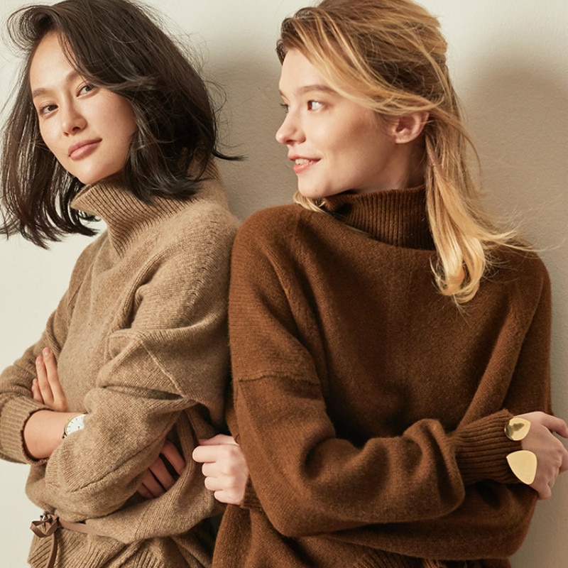 Höst och vinter cashmere tröja lös retro ull dam turtleneck tröja stickad tröja varm tröja