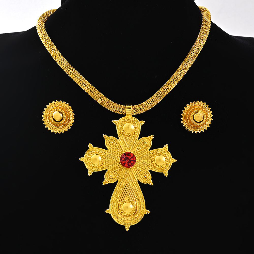 Saoedi-Arabië 24K Goud Kleur Ethiopië Vrouwen Sieraden Ketting Oorbel Afrikaanse Arabische Bruids Set Habesha Eritrea Party: Roze