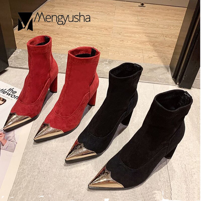 Udskåret metal spidstå botines kvindelige ryg lynlås fløjl mid-calf botas stilet super høje hæle chelsea støvler kvinder