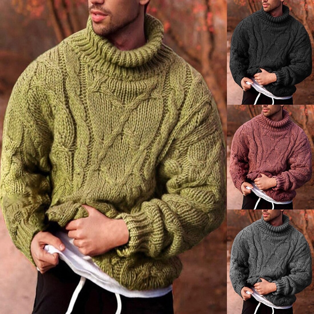 Pull à col roulé pour homme, pull chaud, épais, couleur unie, manches longues, tricot torsadé, décontracté, automne hiver