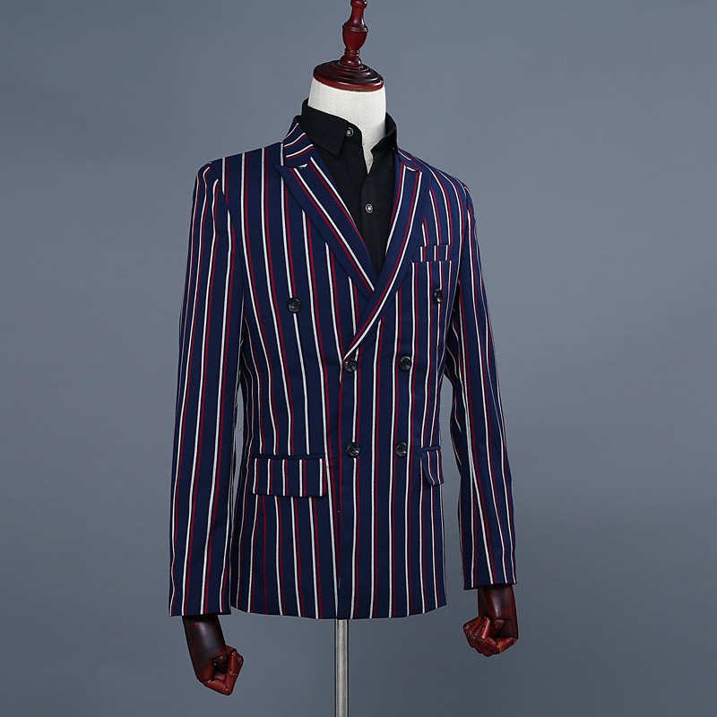 Color double stripes double-breasted lapel business suit social banquet men's casual suit set 2-piece suit (coat+pant)
