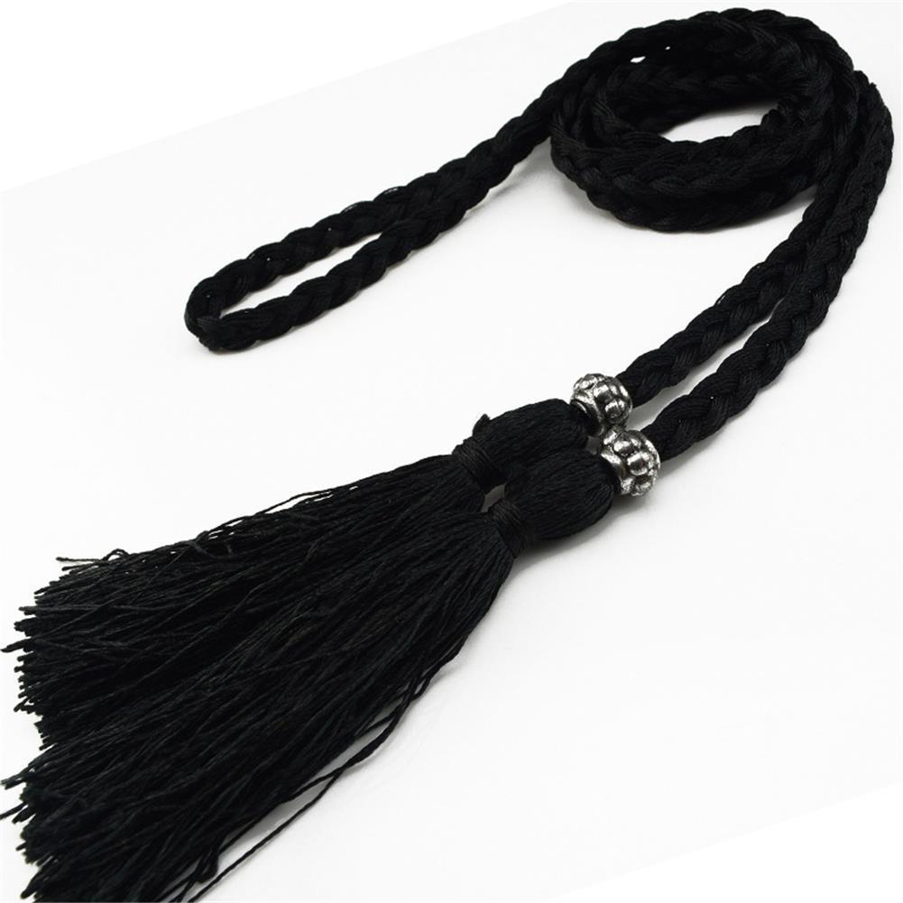 Cinto de borla tecido estilo trançado para mulheres, cintura boêmia para senhoras, corda de cintura, moda chinesa, acessórios de vestido: Preto
