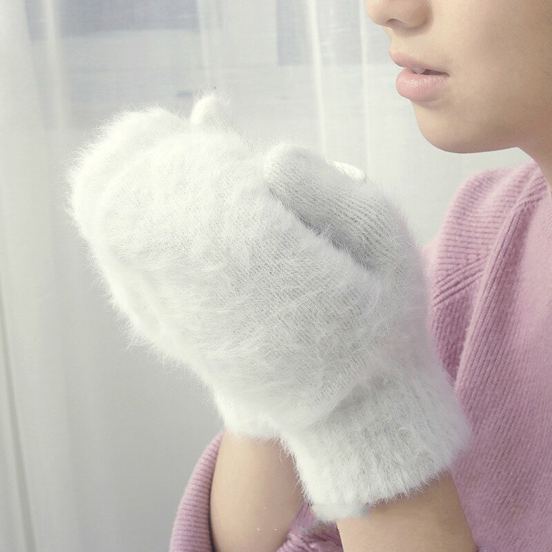 Frauen Mädchen Kaninchen Haar Handschuh Winter Dicken Flauschigen Weiche Fäustlinge Weihnachten Einfarbig Freien Nette Warme Handschuhe: Weiß