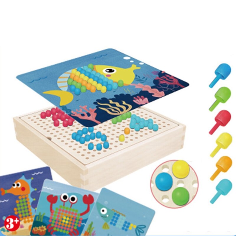 Jeu de Puzzle Intelligent 3D avec clous en forme de champignon, avec boîte de rangement en bois, planche de cheville en mosaïque, Puzzle pour enfants, jouets éducatifs de bricolage, 240 pièces: 2