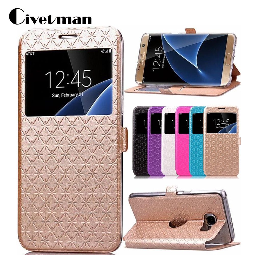 Cover Phone Case For Samsung Galaxy s7 edge SM G9350 Flip PU Leather tpu Shell S7 G9300 Rhombus Holster Bag Window Stand