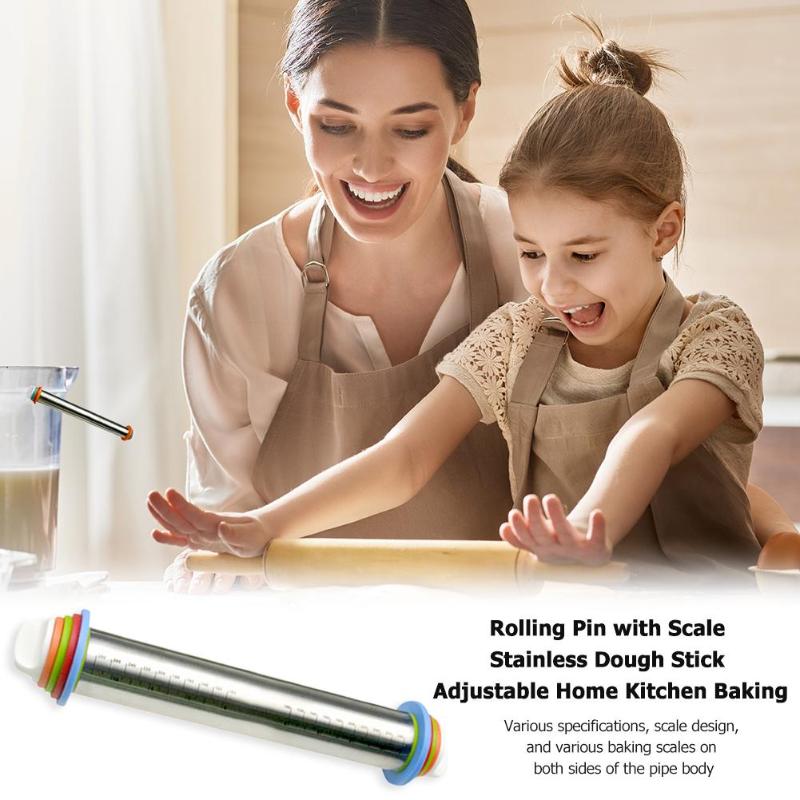 Verstelbare Rolling Pin Rvs Deeg Mat Deeg Roller met Verwijderbare Dikte Ringen Gebak Pizza Pie Baking Tool