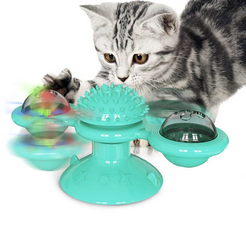 Multifunktion kat legetøj tur vindmølle katteurt tygge kat hund legetøj pladespiller belysning kildle sjov kindtand ridse hår børste katte sucker: Blå