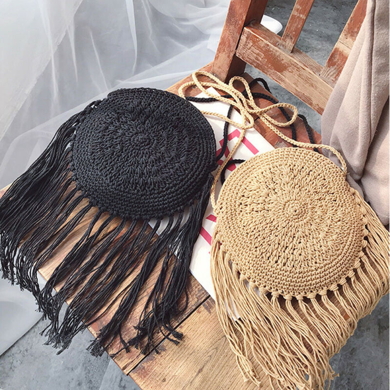 Bolso bandolera bohemio de verano para la playa, bolso de hombro cruzado para mujer, bolso redondo de paja, bolso de mano y cesta tejida