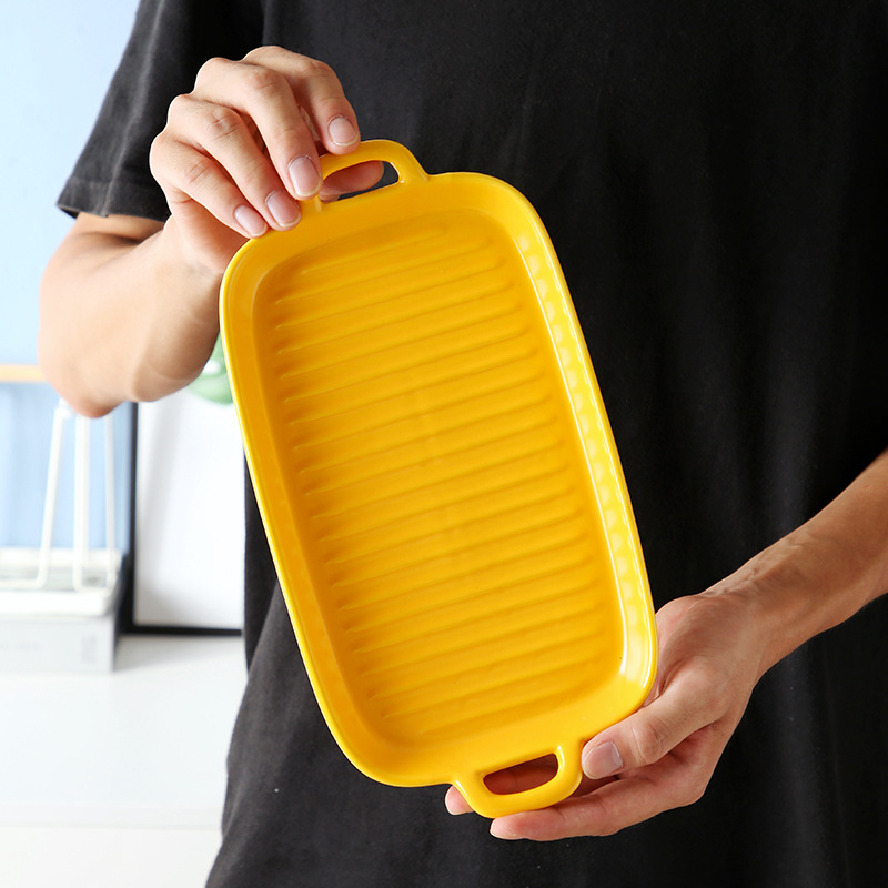 Nordic Solid Rectangle Ceramic Dinner Plate Double Ears Heat Resistant Porcelain Cheese Baking Plate Steak Sushi Fruit Tray