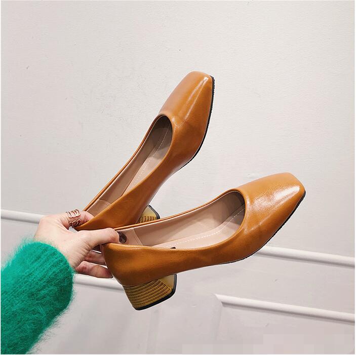 Eoeodoit vår høst med hæl sko kvadrat tå lær pumps slip on uformell chunky hæl kontor dame arbeidssko: Brun / 5