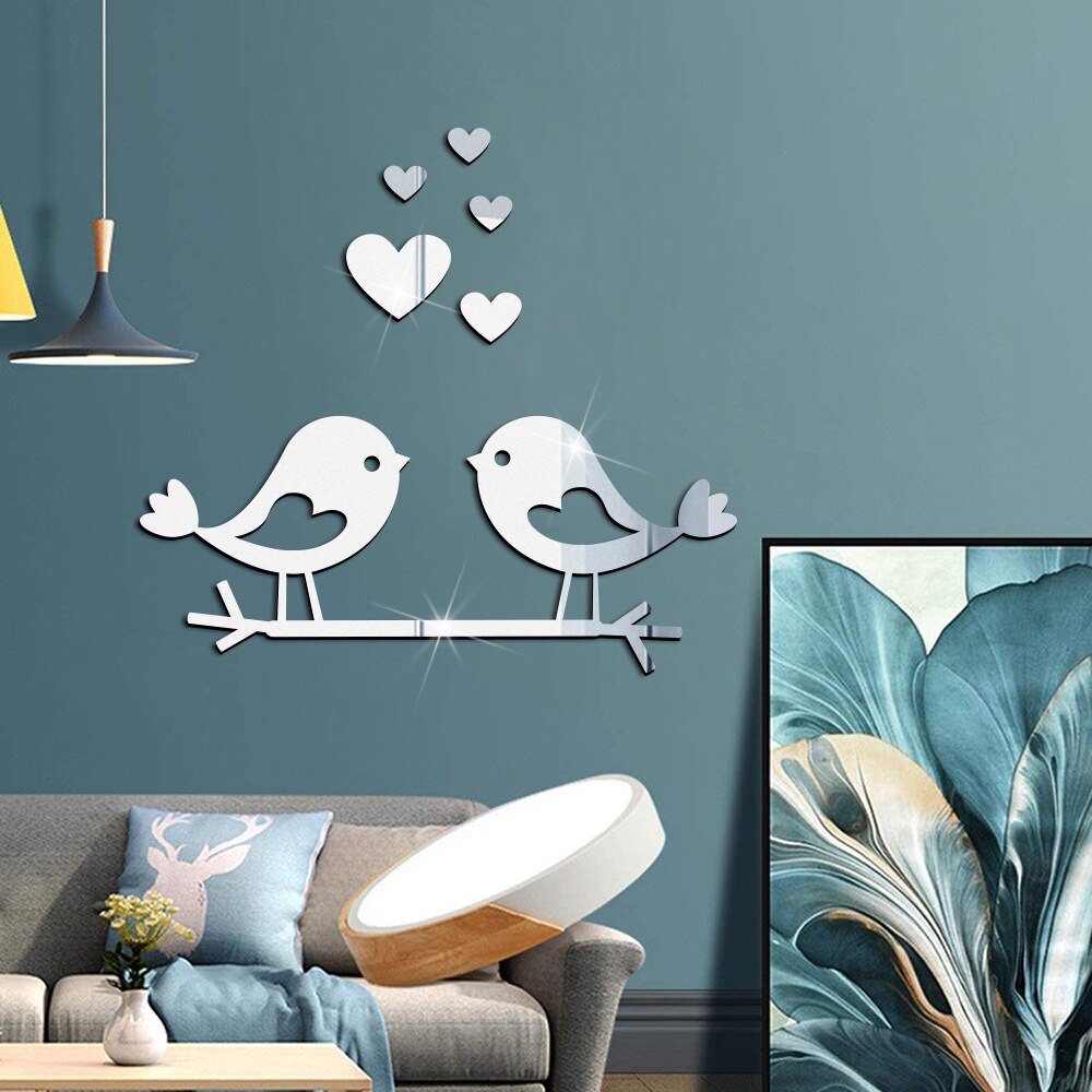 Love Bird Acrylic Mirror Stickers Wall Sticker Baby Bedroom Decor Living Room Home Decoration Accessories