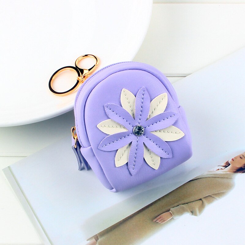 Fudeam pequena bolsa de couro flor bolsa de moeda feminina moda mini bonito chaveiro zíper carteira de moeda batom cabo usb fone de ouvido saco: Purple