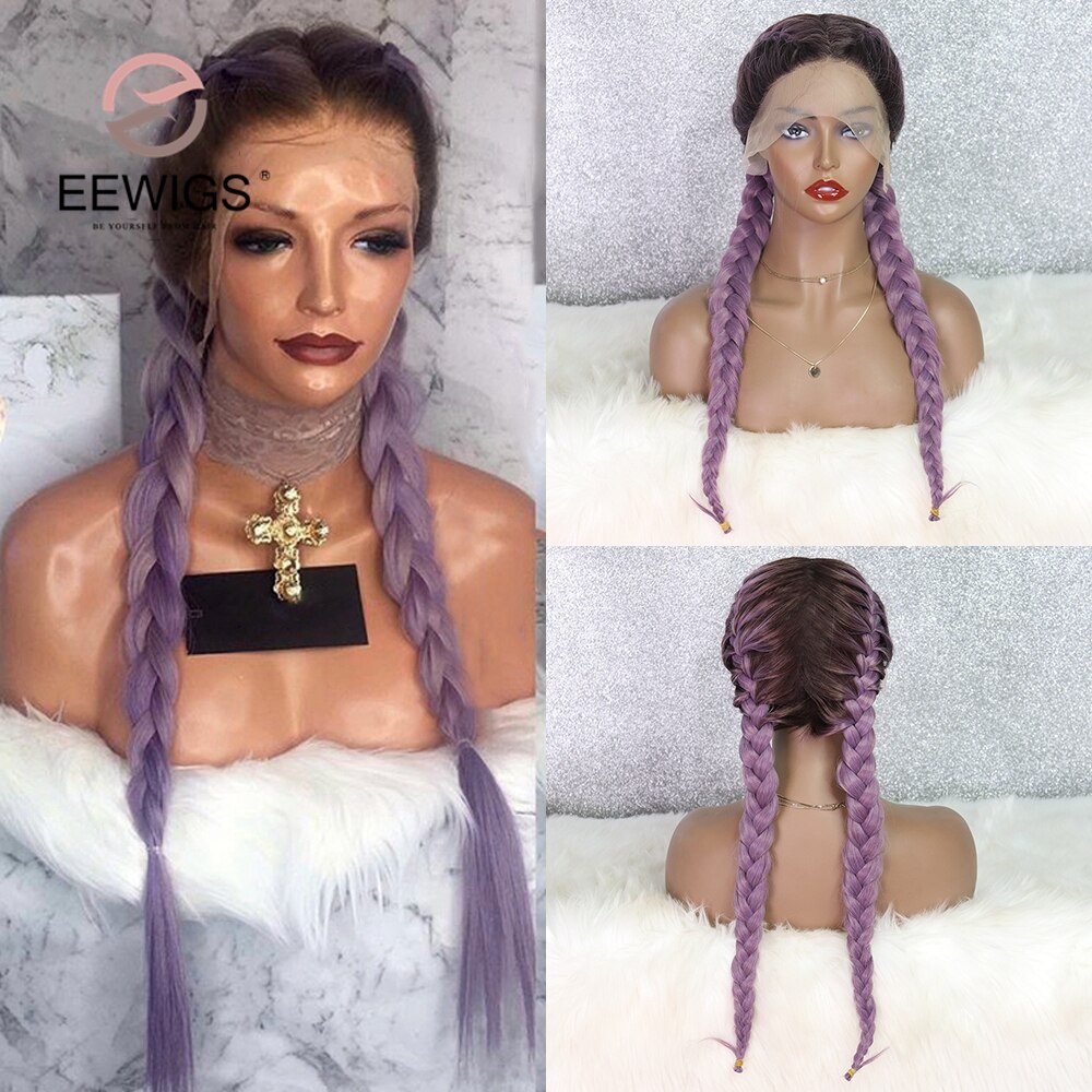 Ombre Purple Wig With Brown Roots Synthetic Lace Front Wig Heat Resistant Drag Queen Two Braided Wigs For Black Women EEWIGS