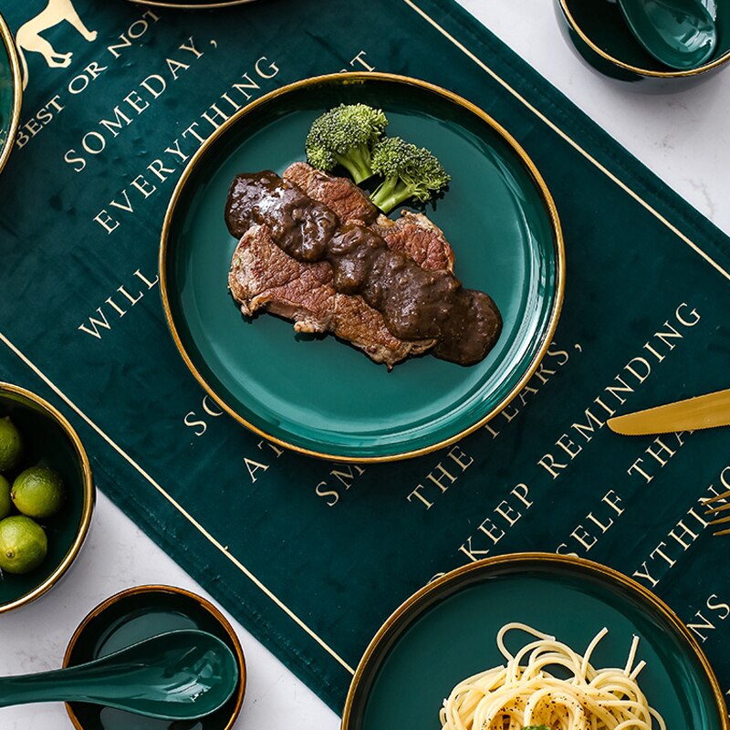 Prato de cerâmica verde dourado, prato verde para embalar alimentos, louças, tigela, sobremesa, louça de jantar