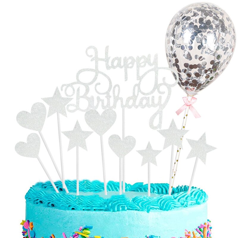Décoration de gâteau d'anniversaire, ballons confettis, drapeau, décor de fête d'anniversaire pour enfants, garçon ou fille, fête prénatale, mariage: Silver Package