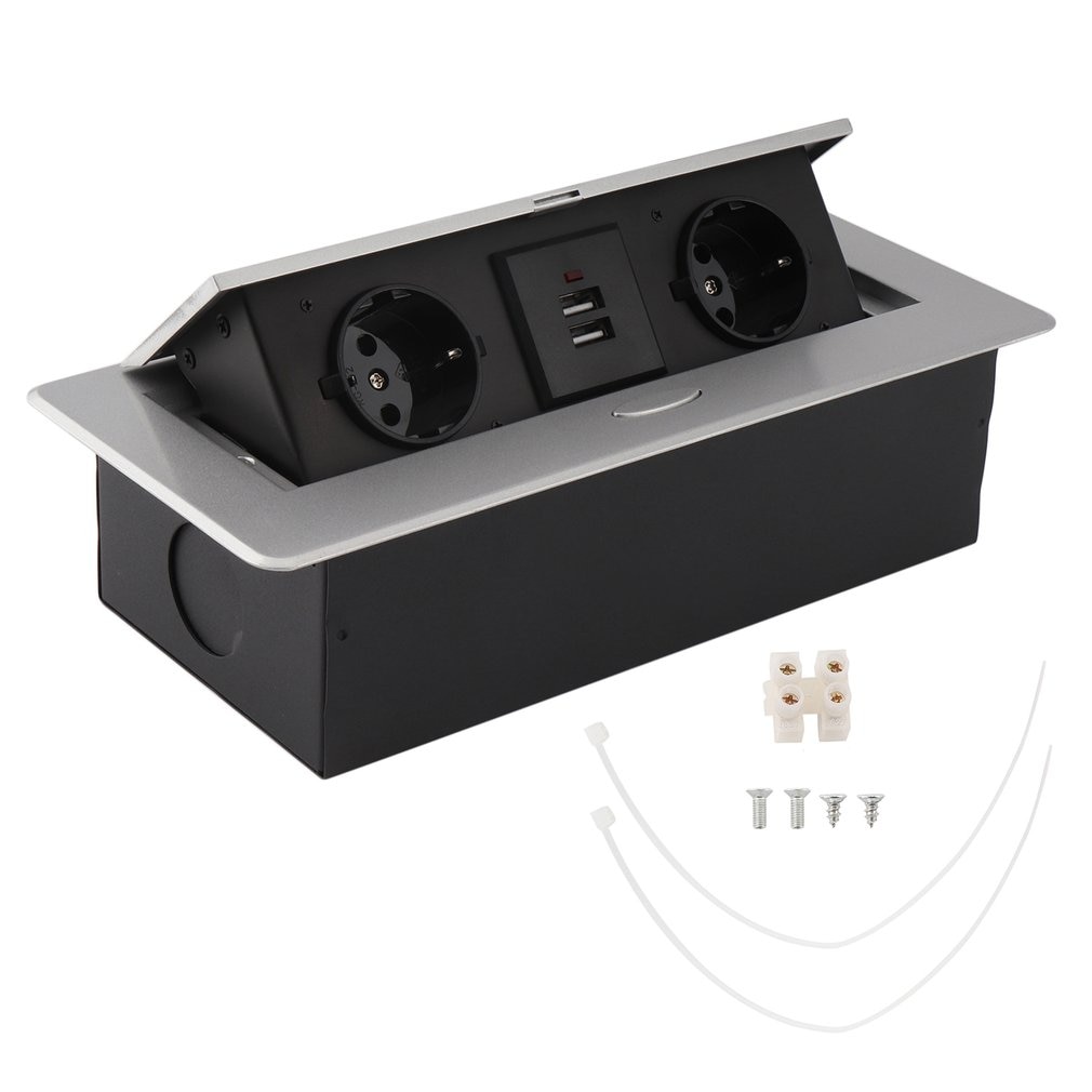 Practical Silver Round Side Desktop Conference Table Pop-Up Socket 2 Outlets Plug + 2USB Inserts Multipurpose Sockets EU Plug