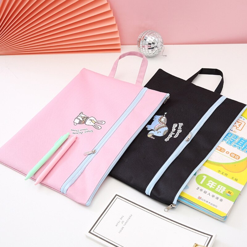 Portable A4 File Bag Handheld Zippered Document Organizer Bag 2-layer Zippered Pockets Business Travel File Storage Bag