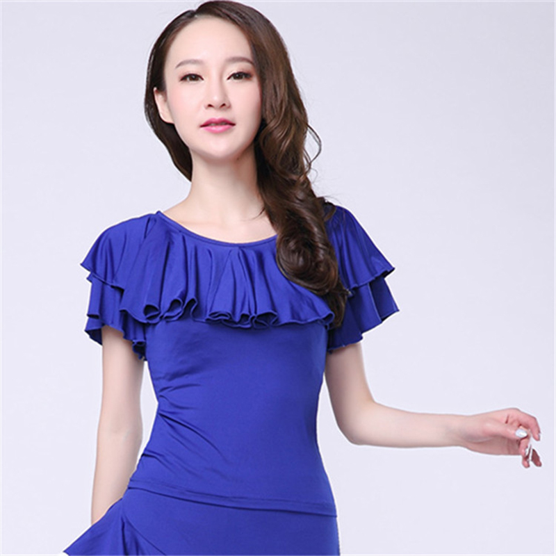 Latin Dance Ballroom Dansshirt Activewear Top Ruches Pure Kleur Dames Performance Korte Mouw Melkvezel Blouse Kleding: XXL / Blauw