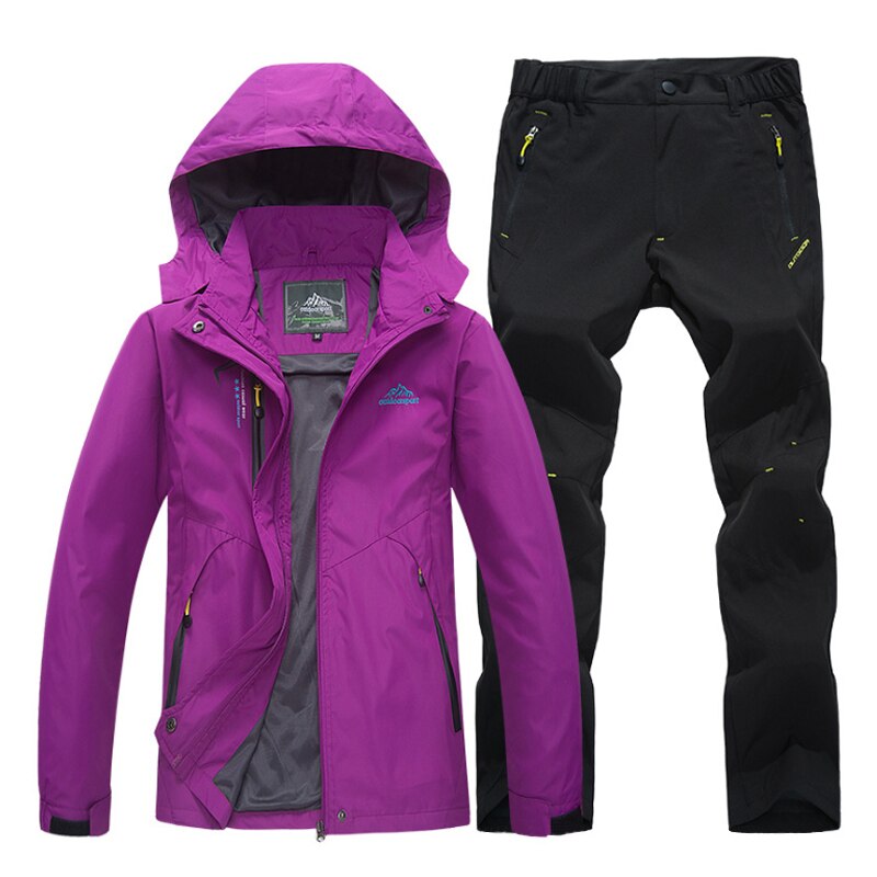 TRVLWEGO Woman Trekking Jackets Hiking Fishing Outdoor Coat&Pants Set Sports Single Jacket And Quick-drying Trouser Suit: Purple black / XXXL