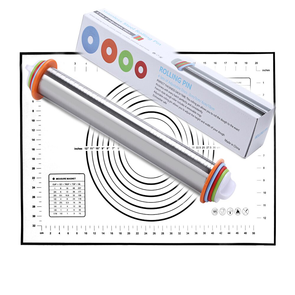 17inch Verstelbare Rvs Deegroller Met Deeg Mat Deeg Roller met 4 Verwijderbare Verstelbare Dikte Ringen